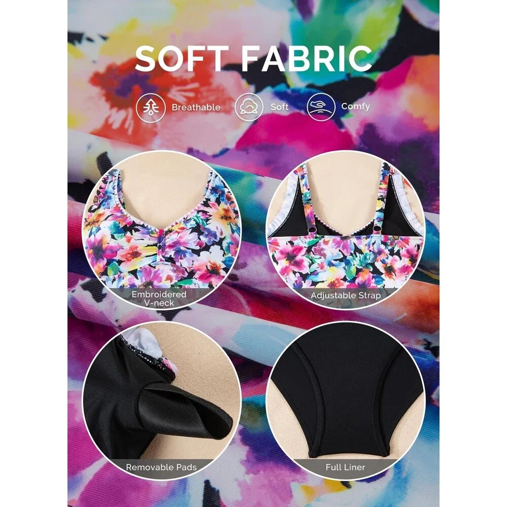 Aleumdr Women's Black Tankini Swimsuit Tummy Control Bathing Suit Shell Stitch L
